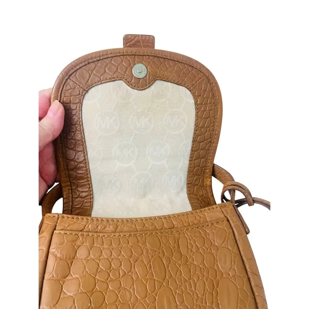 Michael Kors Brown Croc Emboss Leather Crossbody Bag Small Saddle Purse MK Logo
